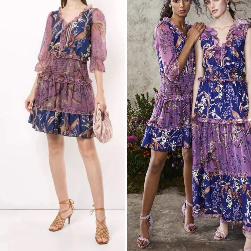 MARCHESA NOTTE Smocked Floral Mini Cocktail Dress - Picture 1 of 11